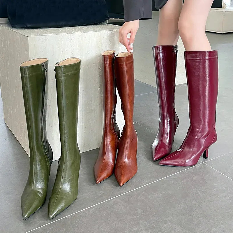 Pointy Toe Knee High Boots High Quality Leather High Heel Boots